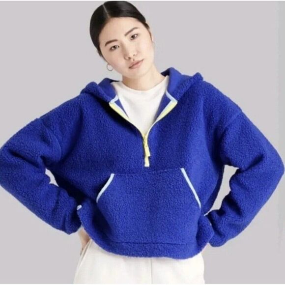 NWT Target Wild Fable Blue Hooded Sherpa Pullover Quarter Zip Sweatshirt Size L - Picture 1 of 9
